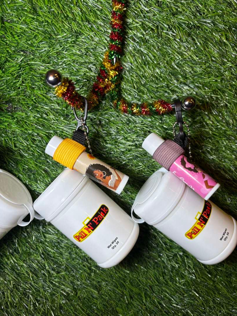 Bade Reel Chapstick w/ Holder and Mini Wet Wipes Keychain